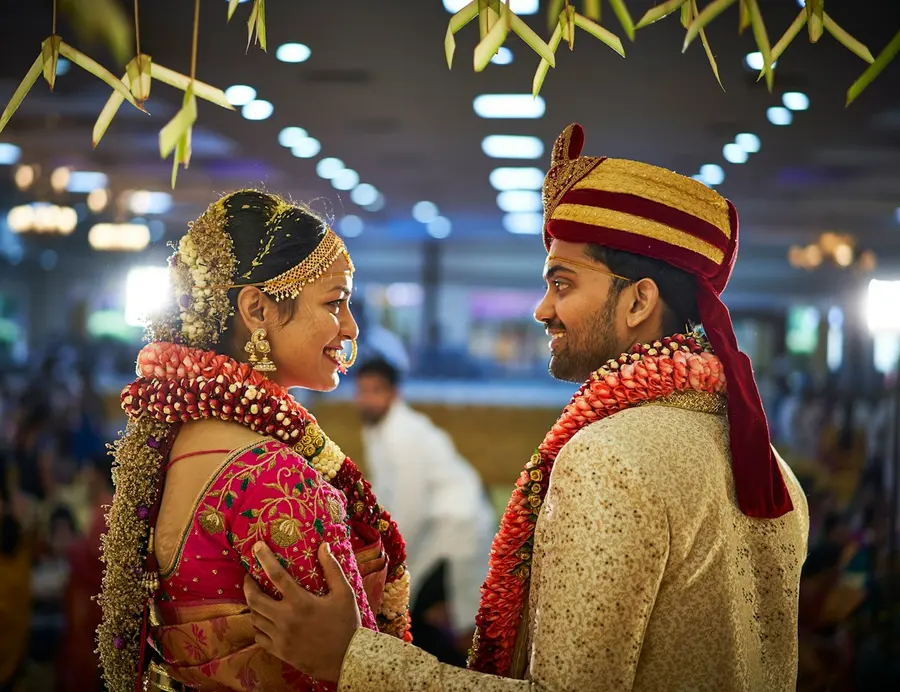 The couple exchanging marigold garlands at the jaimala